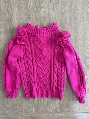 Janie and Jack Bright Pink Cable Knit Ruffle Shoulder Sweater